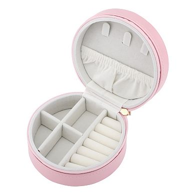 Round Jewelry Box for Women, Small Portable PU Leather Jewelry Organizer Case 4*4*2in