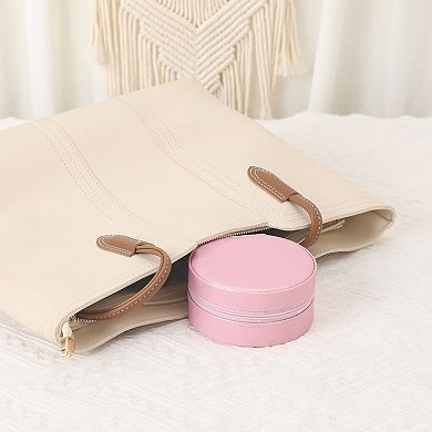 Round Jewelry Box for Women, Small Portable PU Leather Jewelry Organizer Case 4*4*2in