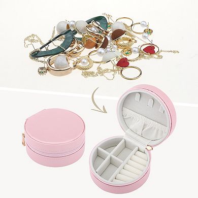 Round Jewelry Box for Women, Small Portable PU Leather Jewelry Organizer Case 4*4*2in