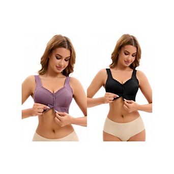 2 Packs Women's Lace Front Closure Full Coverage Vest Soft Wirefree Breathable Bras