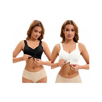 2 Packs Women's Lace Front Closure Full Coverage Vest Soft Wirefree Breathable Bras