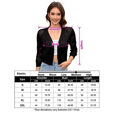 Womens 3/4 sleeve Cardigan Shrugs Soft Knit Hollow Out Crochet Crewneck Basic Button Down Sweater