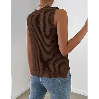 Women's Mock Neck Sleeveless Sweater Vest Knitted Slit Hem Tank Top