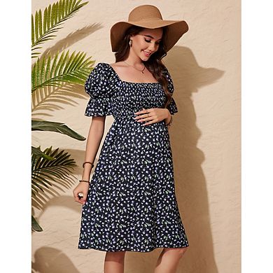 Women's Maternity Dress Floral Square Neck A Line Fashion Dress Short Sleeves Maternity Dress