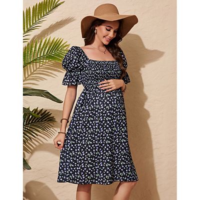 Women's Maternity Dress Floral Square Neck A Line Fashion Dress Short  Sleeves Maternity Dress
