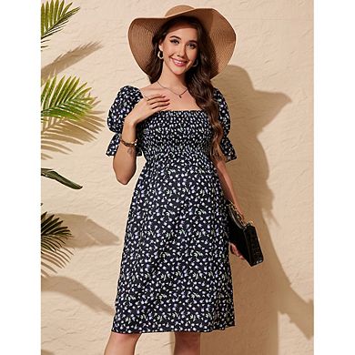 Women's Maternity Dress Floral Square Neck A Line Fashion Dress Short Sleeves Maternity Dress