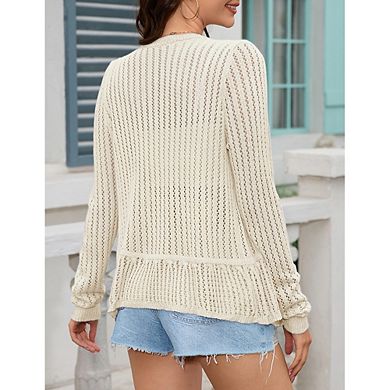 Women Hollow Out Cardigan Sweater Crochet Knit Shrugs Long Sleeves with Ruffled Hem