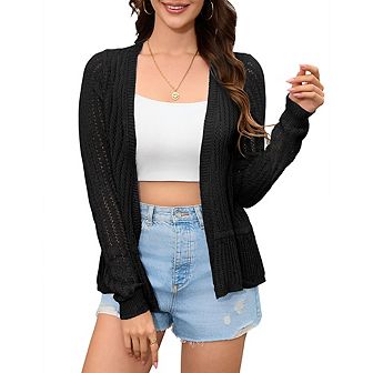 Women Hollow Out Cardigan Sweater Crochet Knit Shrugs Long Sleeves with Ruffled Hem