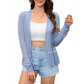 Women Hollow Out Cardigan Sweater Crochet Knit Shrugs Long Sleeves with Ruffled Hem