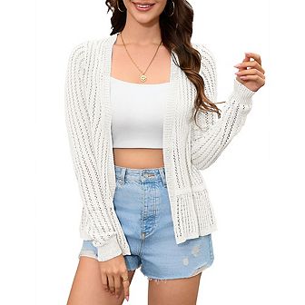 Women Hollow Out Cardigan Sweater Crochet Knit Shrugs Long Sleeves with Ruffled Hem