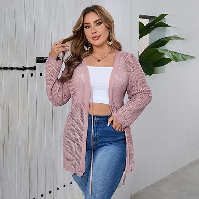 Women's Plus Size Lightweight Cardigan Crochet Long Sleeve Tie Front Hollow Out Thin Long