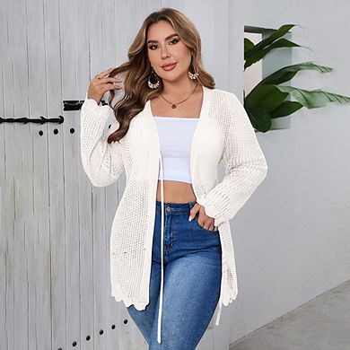 Women's Plus Size Lightweight Cardigan Crochet Long Sleeve Tie Front Hollow Out Thin Long