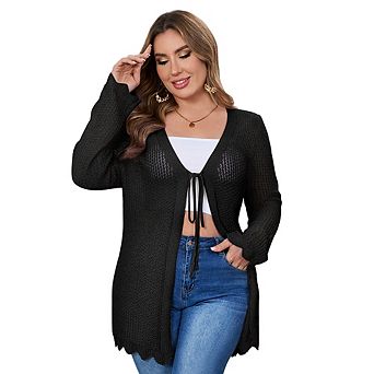 Women's Plus Size Lightweight Cardigan Crochet Long Sleeve Tie Front Hollow Out Thin Long