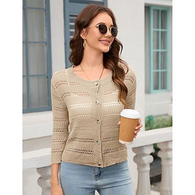 Womens 3/4 sleeve Cardigan Shrugs Crewneck Basic Casual Button Down Soft Knit Hollow Out Crochet