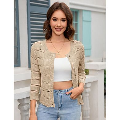 Womens 3/4 sleeve Cardigan Shrugs Crewneck Basic Casual Button Down Soft Knit Hollow Out Crochet