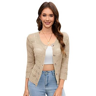 Womens 3/4 sleeve Cardigan Shrugs Crewneck Basic Casual Button Down Soft Knit Hollow Out Crochet