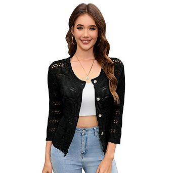 Womens 3/4 sleeve Cardigan Shrugs Crewneck Basic Casual Button Down Soft Knit Hollow Out Crochet