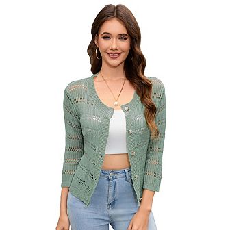 Womens 3/4 sleeve Cardigan Shrugs Crewneck Basic Casual Button Down Soft Knit Hollow Out Crochet