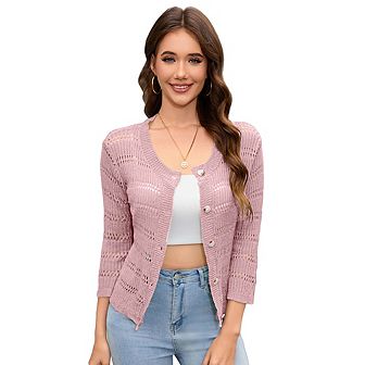 Womens 3/4 sleeve Cardigan Shrugs Crewneck Basic Casual Button Down Soft Knit Hollow Out Crochet
