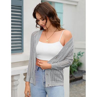 Women's 3/4 Sleeve Cropped Cardigan Lightweight Crochet Shrug Sweater Tops Hollowed-Out Knit