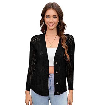 Women's 3/4 Sleeve Cropped Cardigan Lightweight Crochet Shrug Sweater Tops Hollowed-Out Knit