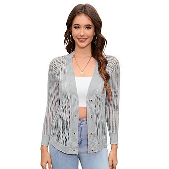 Women's 3/4 Sleeve Cropped Cardigan Lightweight Crochet Shrug Sweater Tops Hollowed-Out Knit