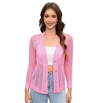 Women's 3/4 Sleeve Cropped Cardigan Lightweight Crochet Shrug Sweater Tops Hollowed-Out Knit