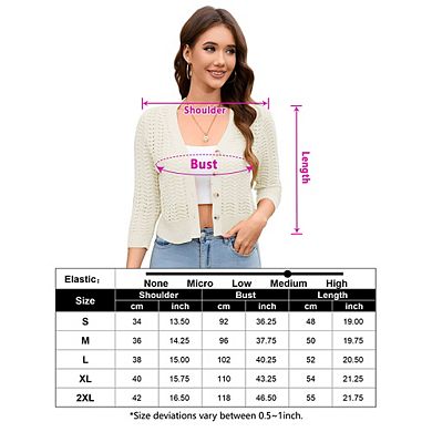 Women's Lightweight Crochet Cardigan 3/4 Sleeve Cropped V Neck Button Shrug Knit Sweater Tops