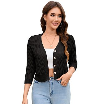 Women's Lightweight Crochet Cardigan 3/4 Sleeve Cropped V Neck Button Shrug Knit Sweater Tops