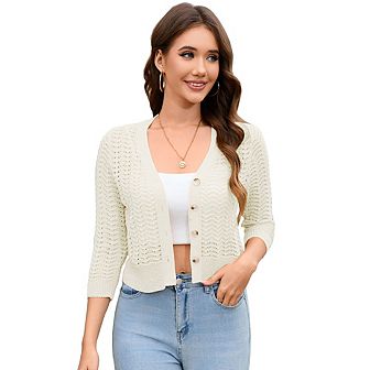 Women's Lightweight Crochet Cardigan 3/4 Sleeve Cropped V Neck Button Shrug Knit Sweater Tops