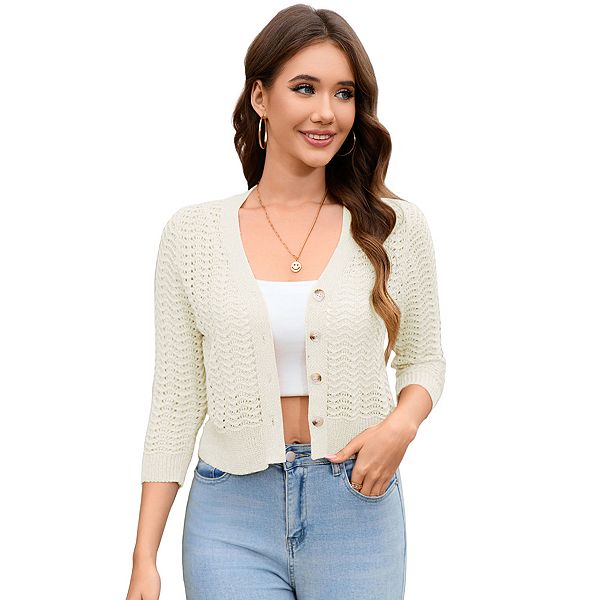 Women's Lightweight Crochet Cardigan 3/4 Sleeve Cropped V Neck