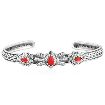 Southwest Spirit® Sterling Silver Coral 3-Stone Concha Cuff Bracelet