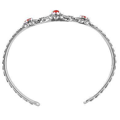 Southwest Spirit® Sterling Silver Coral 3-Stone Concha Cuff Bracelet