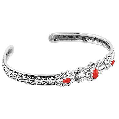 Southwest Spirit® Sterling Silver Coral 3-Stone Concha Cuff Bracelet