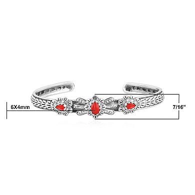 Southwest Spirit® Sterling Silver Coral 3-Stone Concha Cuff Bracelet