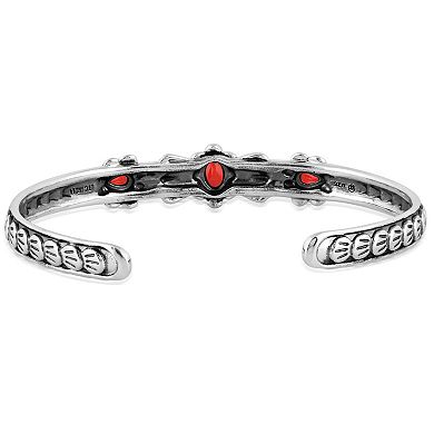 Southwest Spirit® Sterling Silver Coral 3-Stone Concha Cuff Bracelet