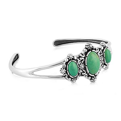 Southwest Spirit® Sterling Silver Green Turquoise 3-Stone Floral Cuff Bracelet