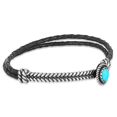Southwest Spirit Sterling Silver Sleeping Beauty Turquoise & Black Leather Hook & Loop Bar Bracelet