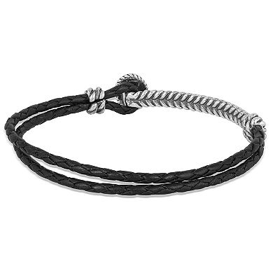 Southwest Spirit Sterling Silver Sleeping Beauty Turquoise & Black Leather Hook & Loop Bar Bracelet