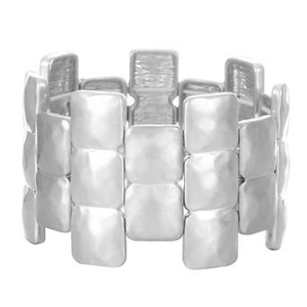 Bella Uno Fine Silver Plated Worn Silver Staggered Row Stretch Bracelet
