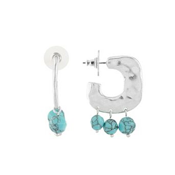 Bella Uno Fine Silver Plated Worn Silver Tone Reconstituted Turquoise Bead Square Post Hoop