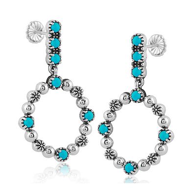 Southwest Spirit Sterling Silver Turquoise Beaded Hoop Drop Earrings
