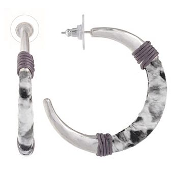 Bella Uno Fine Silver Plated Worn Silver Tone Faux Gray Leather Post Hoop Earring