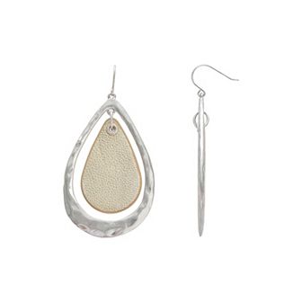 Bella Uno Fine Silver Plated Worn Silver Tone Faux Gold Tone Leather Teardrop Dangle Earring
