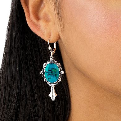Southwest Spirit Sterling Silver Turquoise Ornate Drop Leverback Earrings