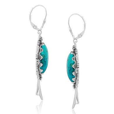 Southwest Spirit Sterling Silver Turquoise Ornate Drop Leverback Earrings