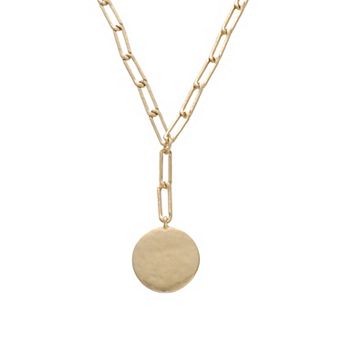 Bella Uno Fine Silver Plated Worn Gold Tone Disc Lariat Paperclip Necklace