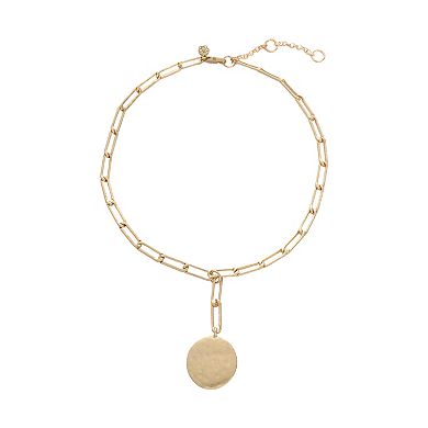 Bella Uno Fine Silver Plated Worn Gold Tone Disc Lariat Paperclip Necklace