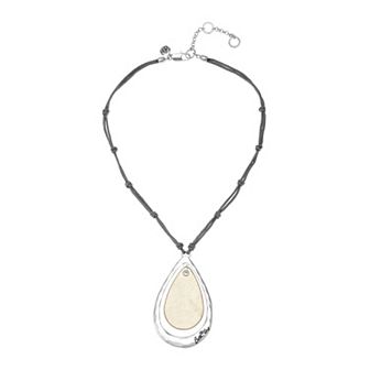 Bella Uno Fine Silver Plated Worn Silver Tone Faux Gold Tone Leather Teardrop Pendant Necklace
