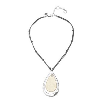 Bella Uno Fine Silver Plated Worn Silver Tone Faux Gold Tone Leather Teardrop Pendant Necklace